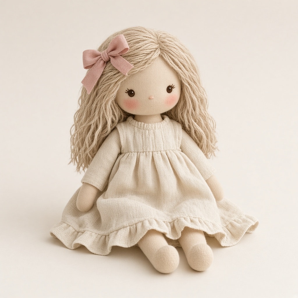 Boneca de pano artesanal com vestido de linho e laço rosa