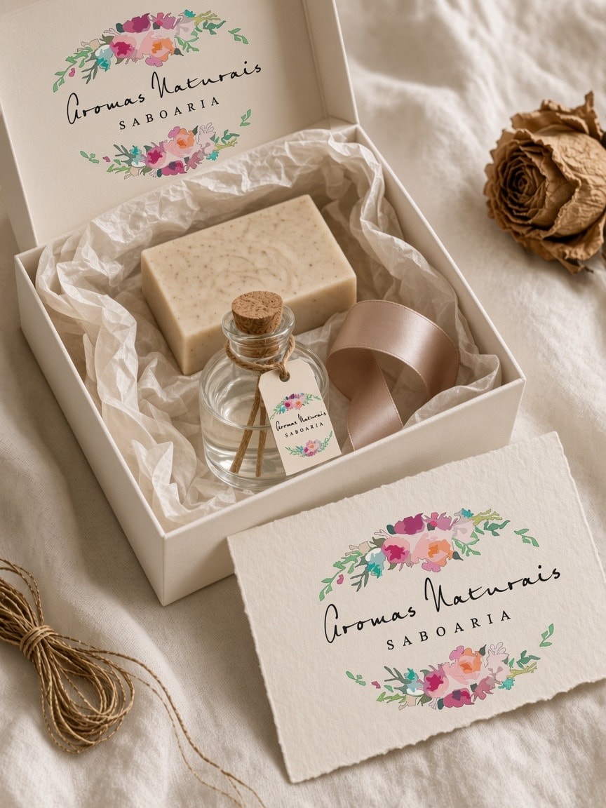 Caixa de presente com sabonete artesanal, aromatizador e fita